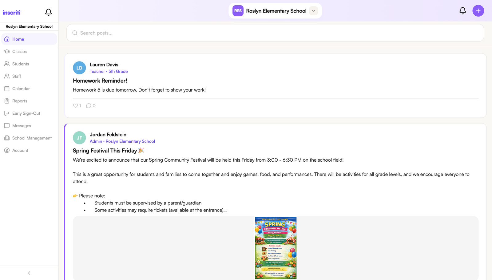 Inscriti web dashboard showing school posts and activity