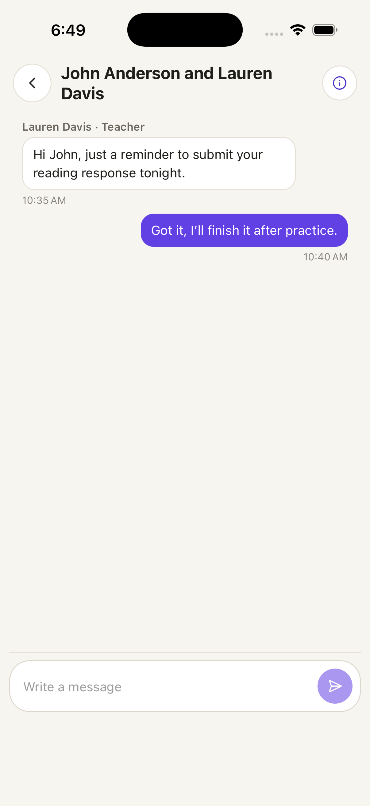 Teacher messaging view in Inscriti